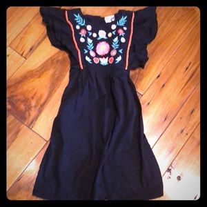 Navy blue sundress with embroidery and piping